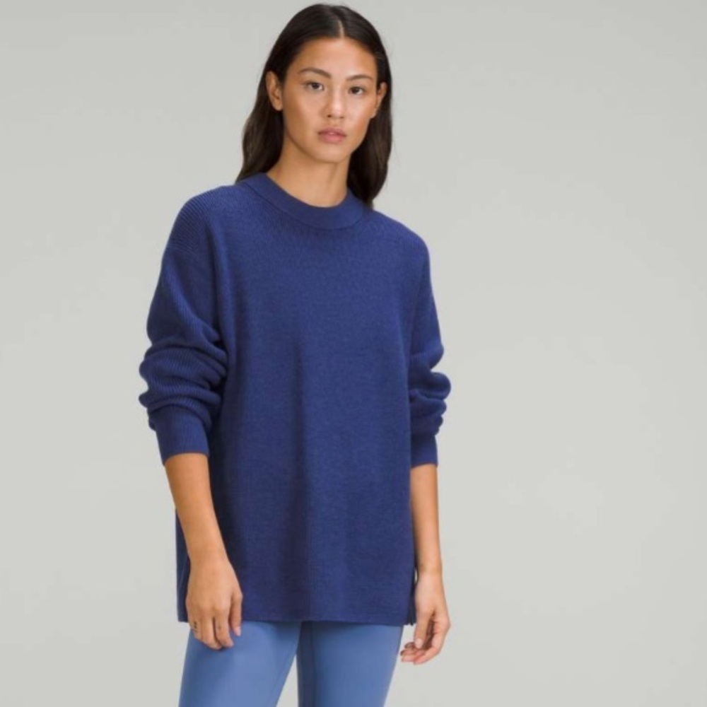 Lululemon Sweater Size 2 Merino Wool-Blend Ribbed Crewneck Heathered Blue